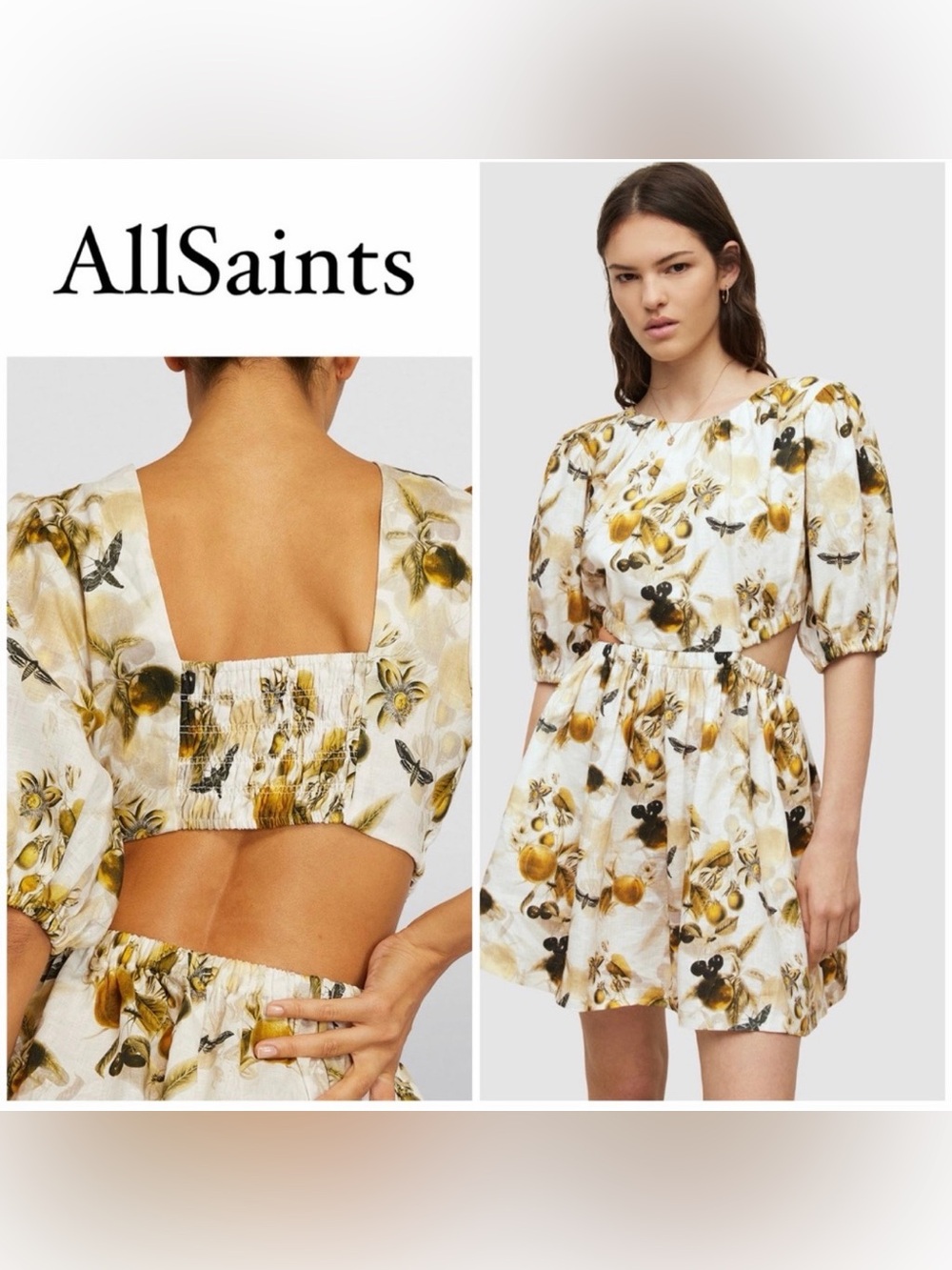 All Saints 100% Linen White Floral Cutout Puff-Sleeve Dress